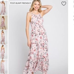 Pink Floral Chiffon Smocked Maternity Midi Dress - PinkBlush